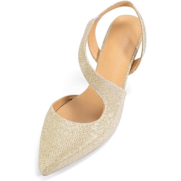 Rhinestone Kitten Gold Low Heel Sparkly Pumps for Women Dressy Wedding Shoes - Picture 8 of 9